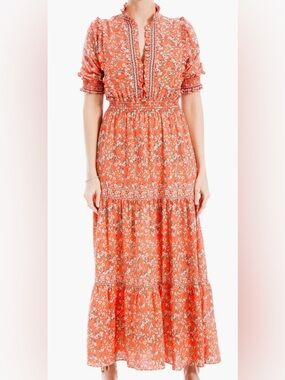 Max Studio Red Floral V-Neck Smocked Maxi Dress size large